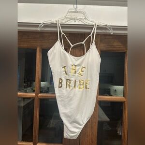 EUC Vanilla Beach Size Large White Bridal One Piece Swimsuit with Gold Lettering